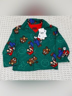Super Mario and Goombas boy Print Flannel Character Button-Down Pajama Set Sz 4